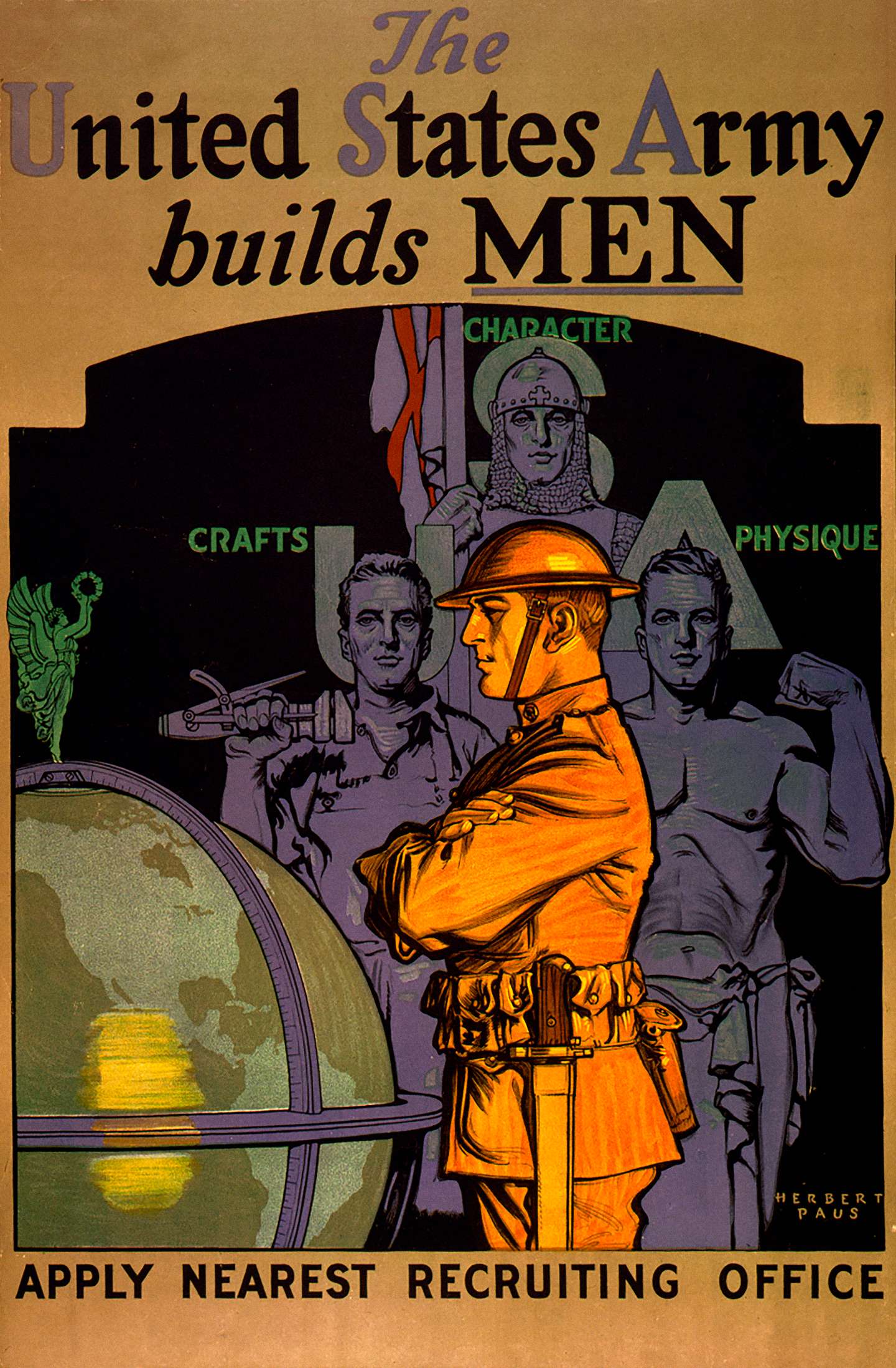 Soldier Standing in Front of Three Men Symbolizing Crafts, Character, and Physique, "The United States Army Builds Men, Apply Nearest Recruiting Office", US Army Recruitment Poster, Herbert Andrew Paus, 1919