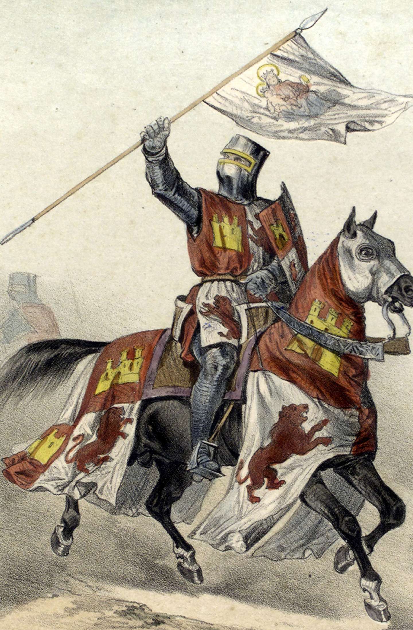 Retrato de um cavaleiro da Idade Média montado a cavalo