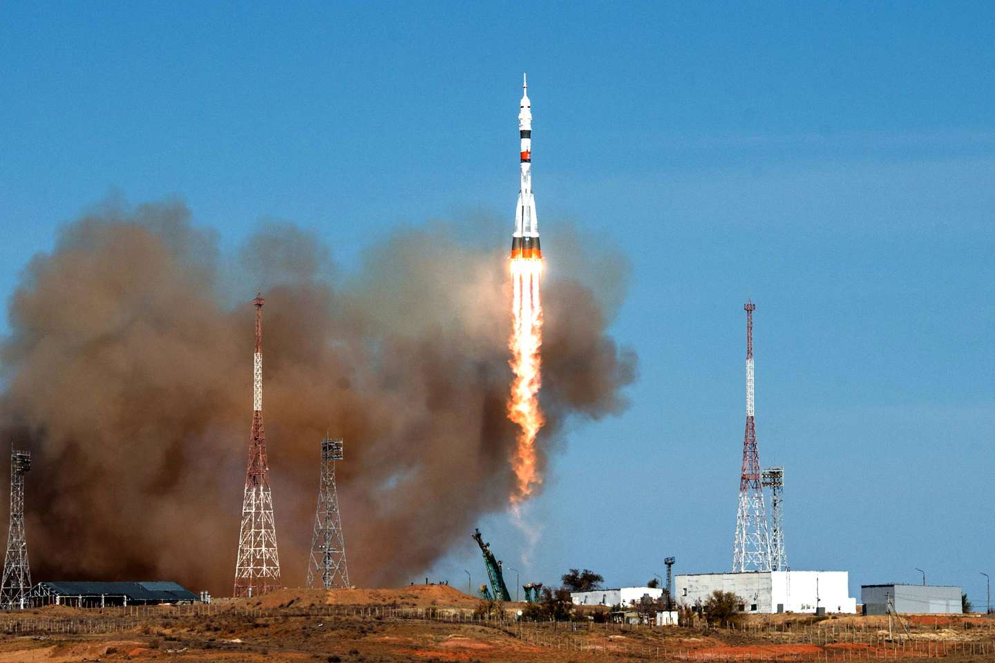 Soyuz-2.1a rocket booster with Soyuz MS-17 spacecraft launched to ISS from Baikonur Cosmodrome