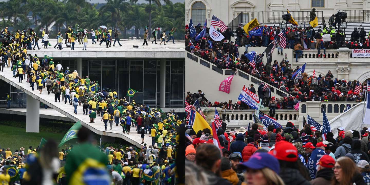 A fotografia da esquerda mostra a invasão do Congresso no dia 8 de janeiro. À direita, a invasão do Capitólio a 6 de janeiro de 2021