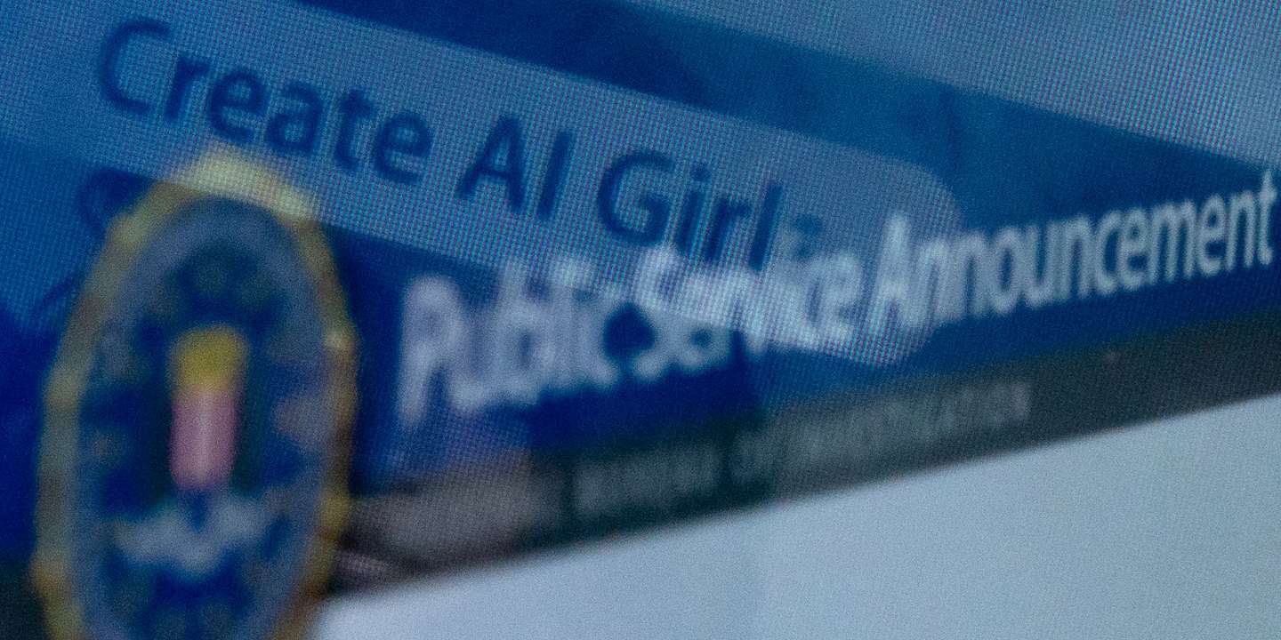This photo illustration created on July 18, 2023, in Washington, DC, shows an advertisement to create AI girls reflected in a public service announcement issued by the FBI regarding malicious actors manipulating photos and videos to create explicit content and sextortion schemes. Photo apps digitally undressing women, sexualized text-to-image prompts creating "AI girls" and manipulated images fuelling "sextortion" rackets -- a boom in deepfake porn is outpacing US and European efforts to regulate the technology. (Photo by Stefani REYNOLDS / AFP) (Photo by STEFANI REYNOLDS/AFP via Getty Images)