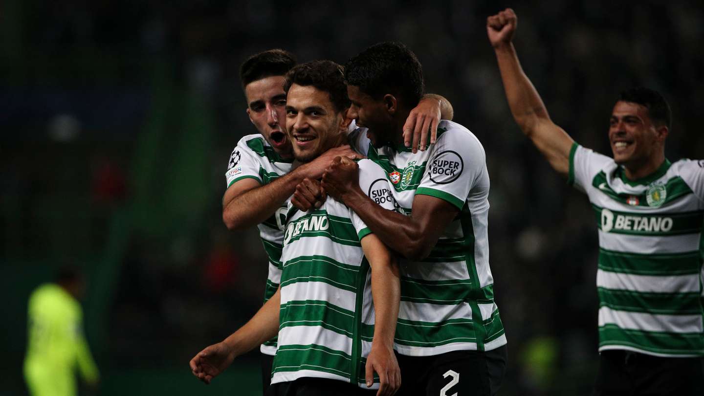 Festejo do golo (2-0) de Pedro Gonçalves durante o jogo entre o Sporting Clube de Portugal e o Borussia Dortmund no estádio de Alvalade, a contar para a 5ª jornada da fase de grupos da Liga dos Campeões 2021/22. Lisboa, 24 de Novembro de 2021. FILIPE AMORIM/OBSERVADOR