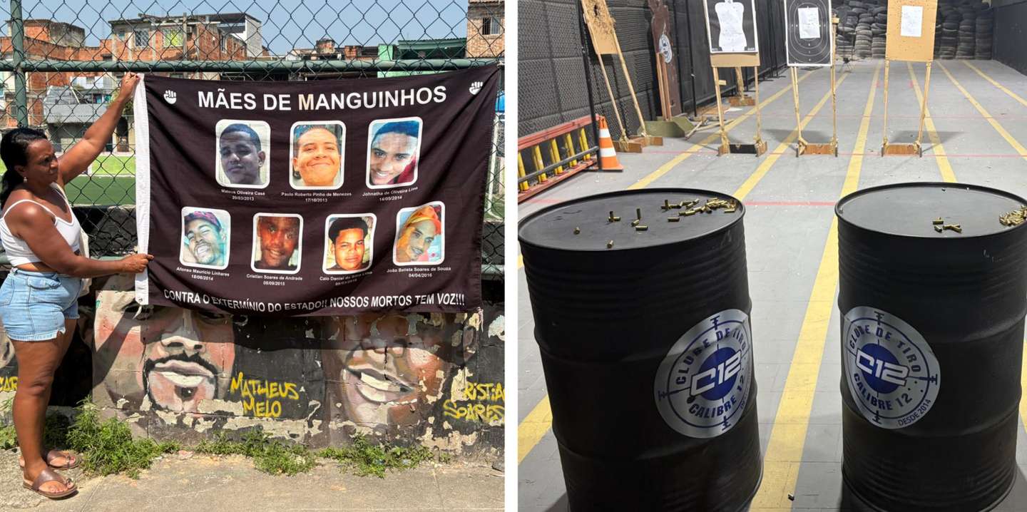 Fátima Pinho fundou a organização Mães de Manguinhos. Ao lado, o clube de tiro Calibre 12 em Niterói