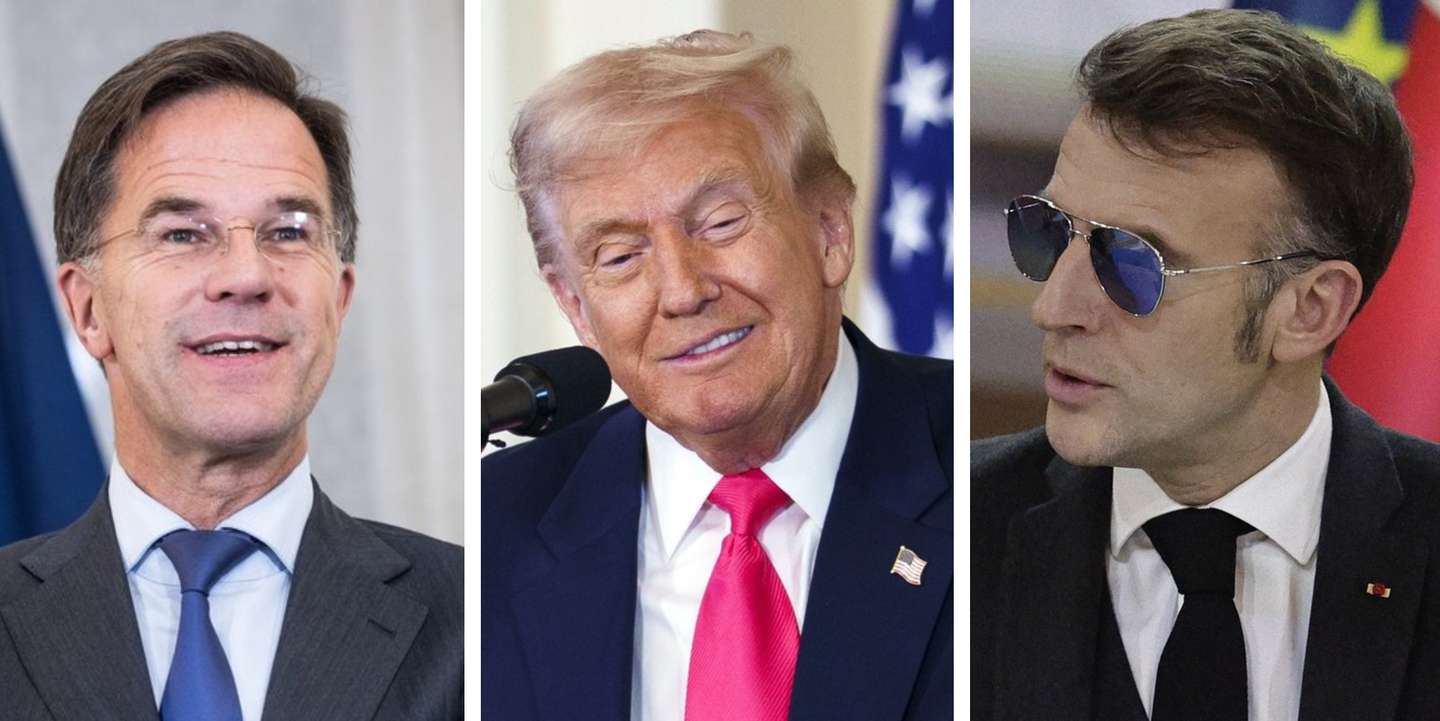 Mark Rutte (à esquerda), Donald Trump (ao centro) e Emmanuel Macron (à direita)