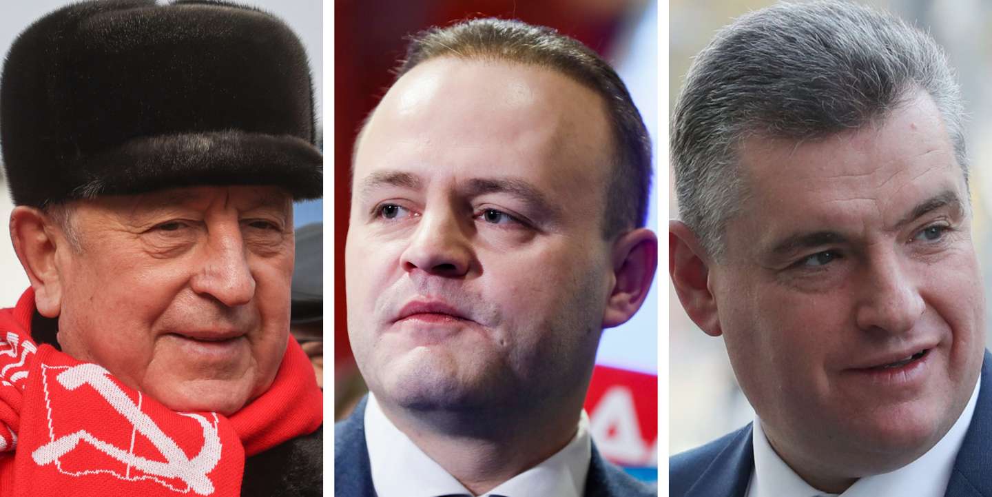 À esquerda Nikolai Kharitonov, no centro Vladislav Davankov, à direita Leonid Slutsky