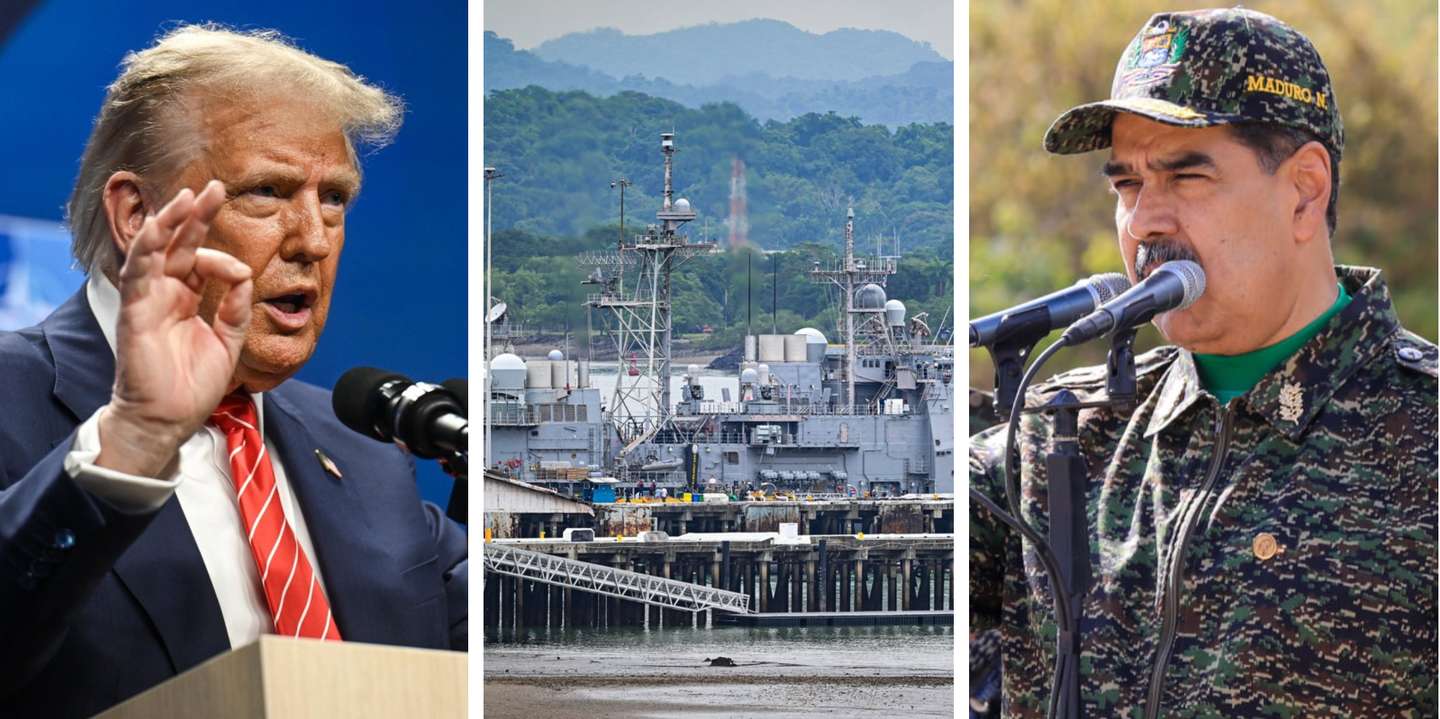Donald Trump (à esquerda), navio de guerra USS Lake Erie (no centro) e Nicolás Maduro (à direita)