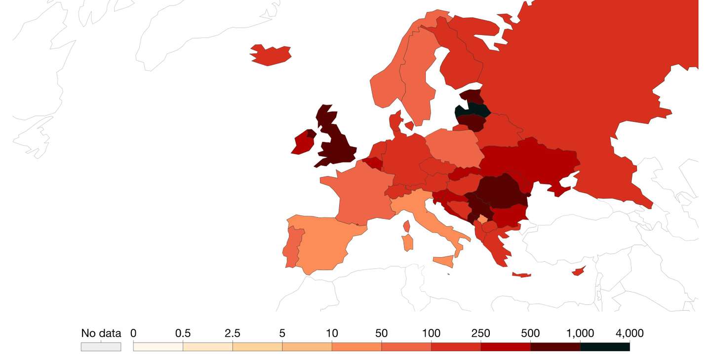 Mapa de novos casos na Europa a 19 de outubro de 2021