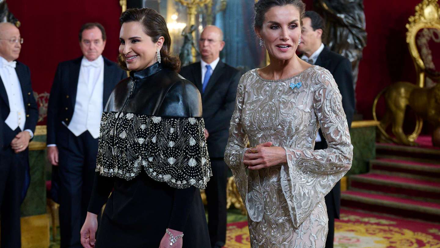 Spanish Royals Receive Qatar's Emir Sheikh Tamim And Sheikha Jawahir Bint Hamad Al Thani