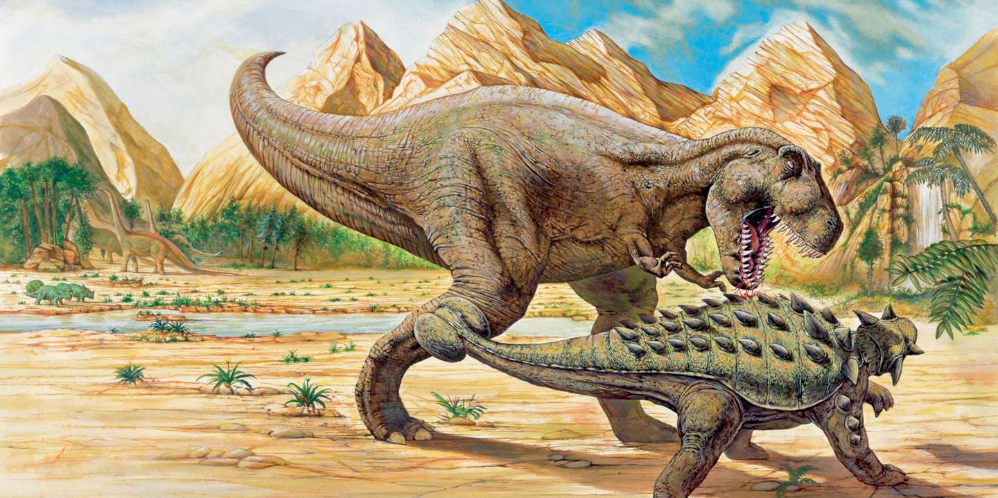 Tyrannosaurus rex and euoplocephalus dinosaurs walking on a landscape