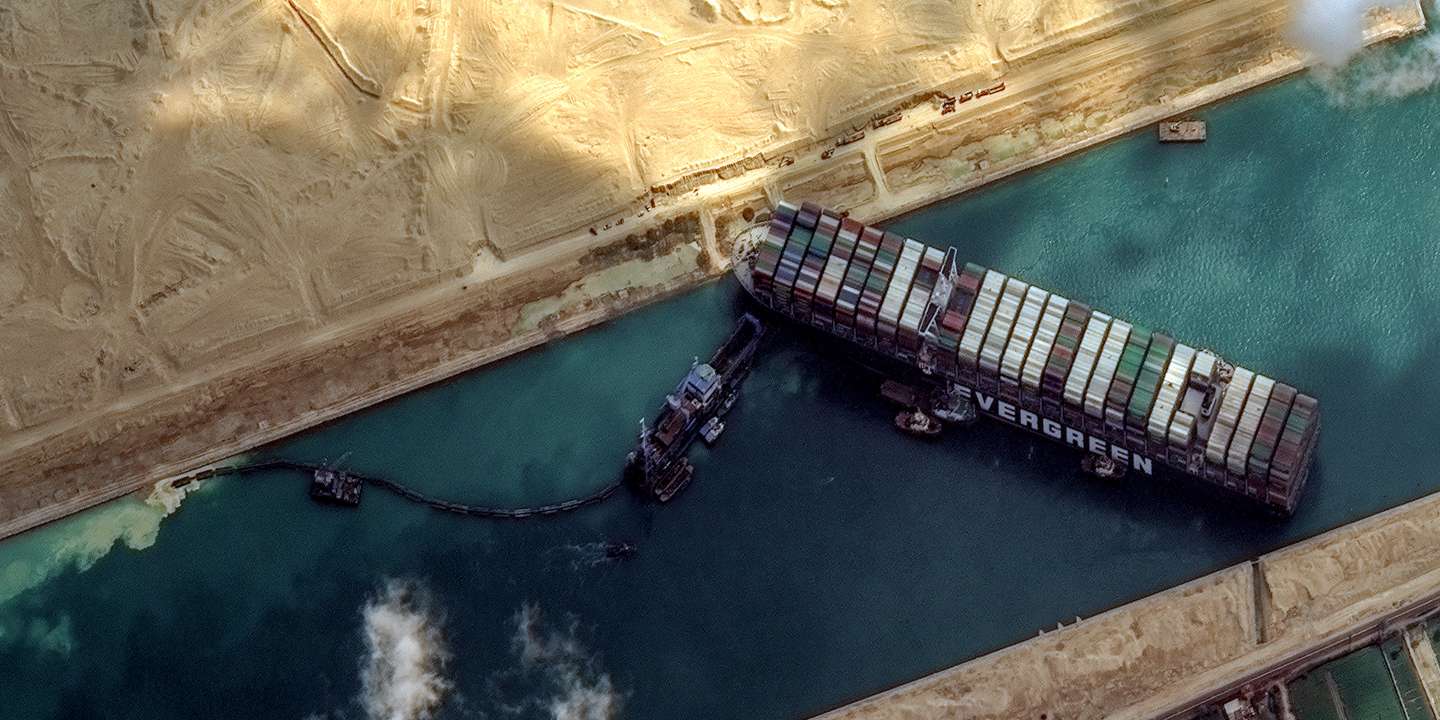 STUCK SHIP EVER GIVEN, SUEZ CANAL -- MARCH 26, 2021:  Maxars WorldView-2 collected new high-resolution satellite imagery of the Suez canal and the container ship (EVER GIVEN) that remains stuck in the canal north of the city of Suez, Egypt.