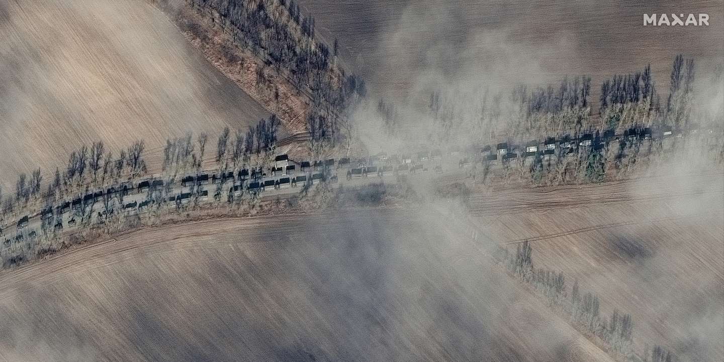 RUSSIANS INVADE UKRAINE -- FEBRUARY 27, 2022:  03 Maxar high-resolution satellite close up view near southern end of armored equipment and ground forces convoy, Ivankiv, Ukraine.  27feb2022_wv3.  Please use: Satellite image (c) 2022 Maxar Technologies.