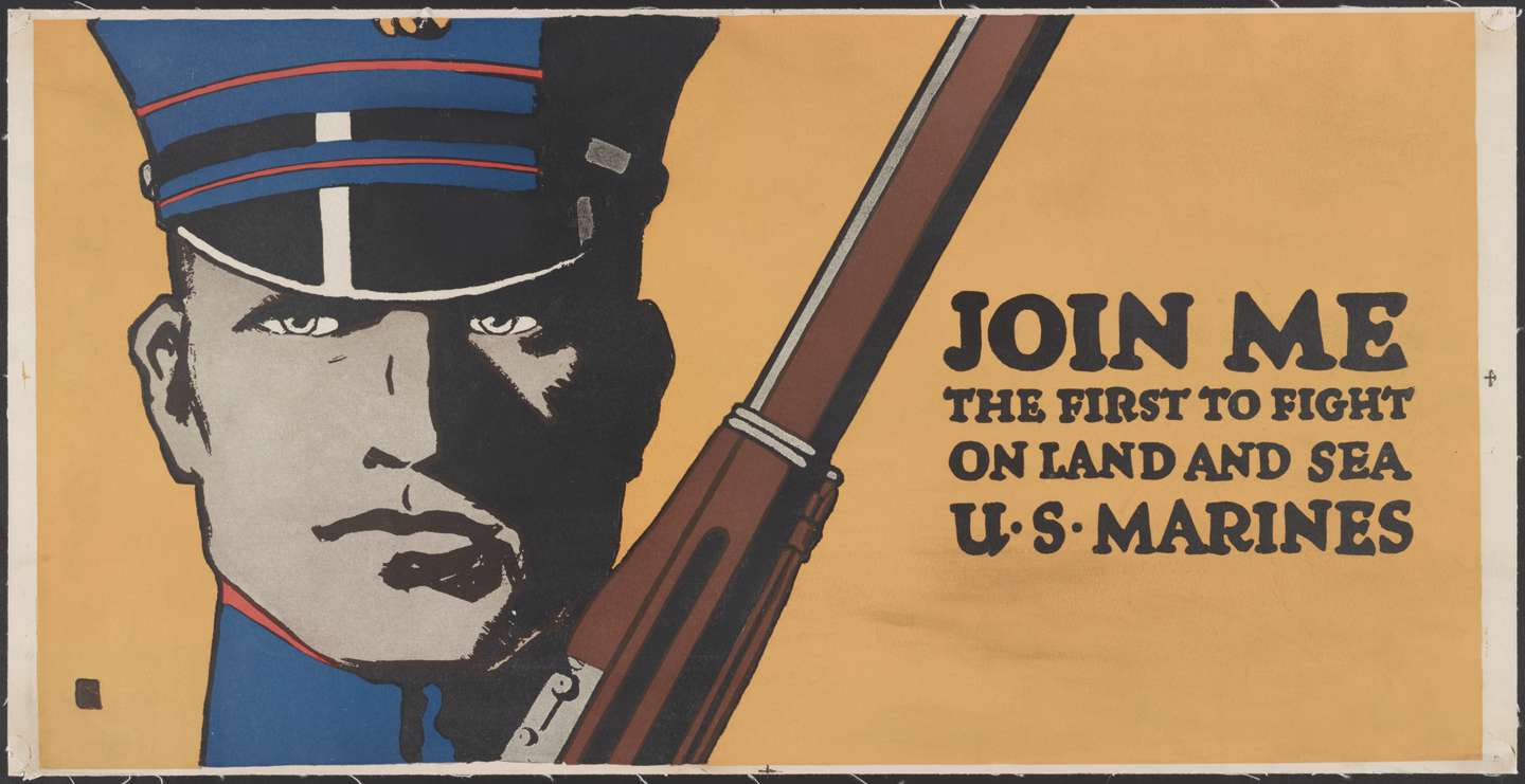 Close-Up Portrait of Marine with Rifle, "Join Me, the First to Fight on Land and Sea, U.S. Marines", World War I Recruitment Poster, 1917