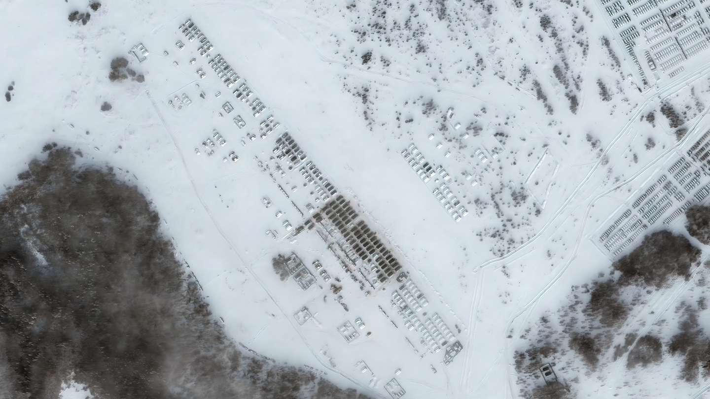 YELNYA, RUSSIA -- JANUARY 19, 2022:  Maxar high-resolution satellite imagery 03 of troop housing on the northern edge of of Yelnya in western Russia. Please use: Satellite image (c) 2021 Maxar Technologies.