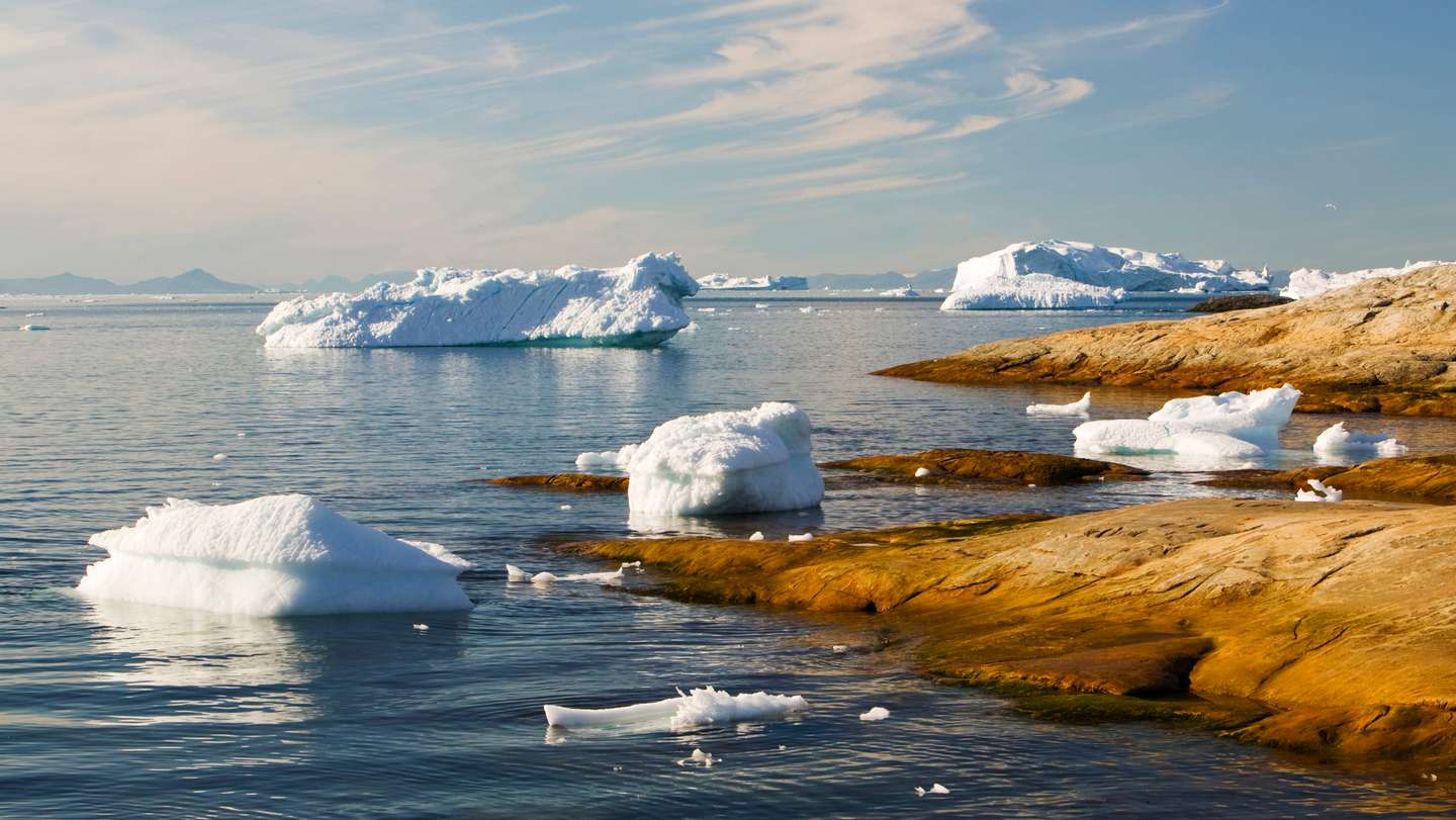 Icebergs from the Jacobshavn glacier or Sermeq Kujalleq drains 7% of the Greenland ice sheet and is the largest glacier outside of Antarctica. It calves enough ice in one day to supply New York with water for one year. It is one of the fastest moving glac