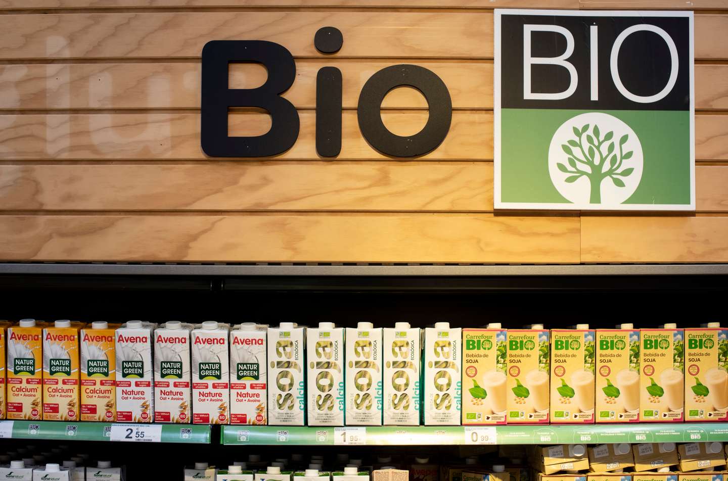 Bottles of soy milk displayed for sale at the Carrefour