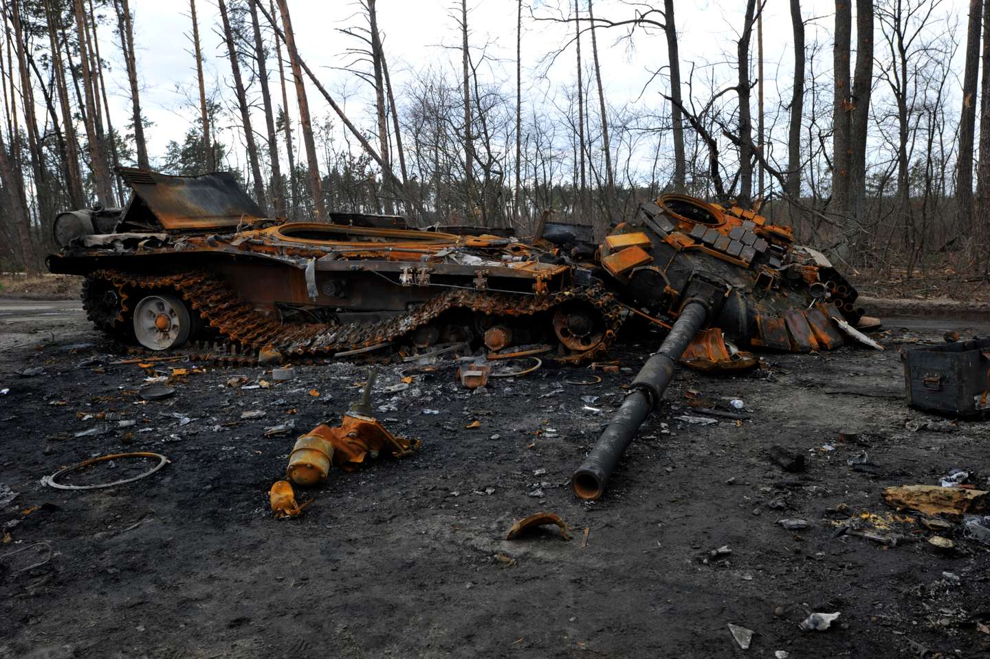 Destroyed tank of the Russian army seen at Dmytrivka village