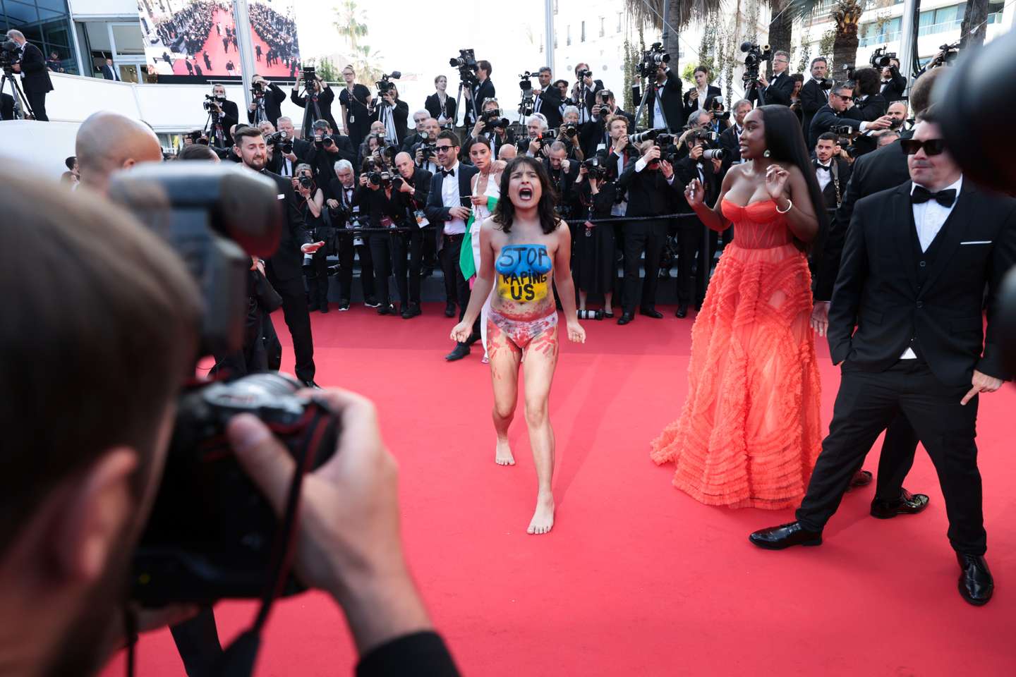 Protesters On The "Three Thousand Years Of Longing (Trois Mille Ans A T'Attendre)" Red Carpet - The 75th Annual Cannes Film Festival