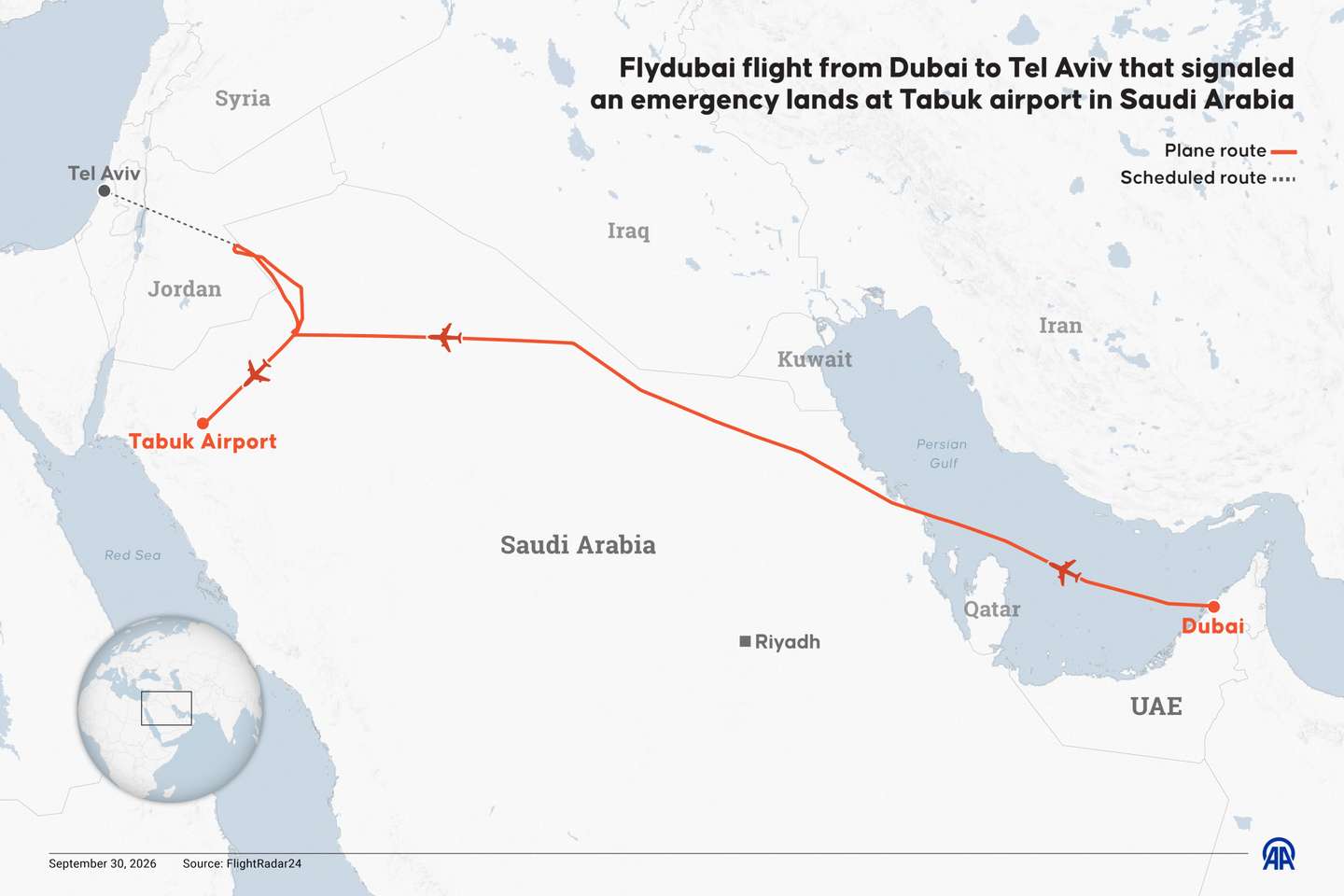 Rota do avião da FlyDubai que tinha Telavive como destino e acabou na Arábia Saudita