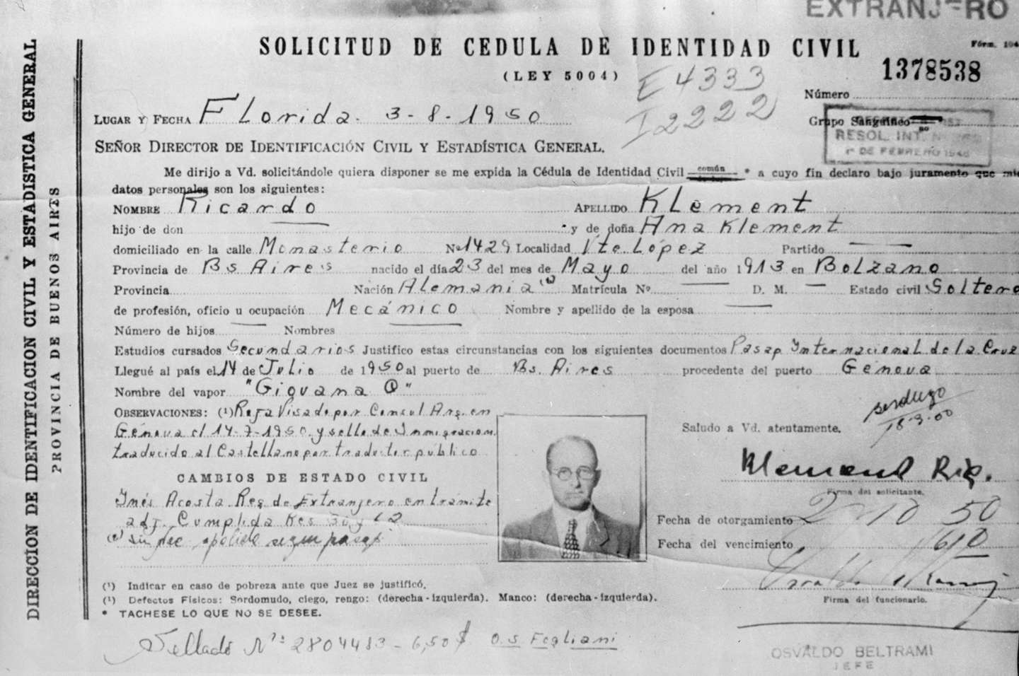 Cédula de identidade de Eichmann na Argentina