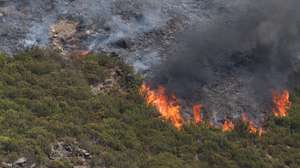 Populares observam o incêndio que consome mato, junto à povoação de Cando, na Serra da Freita, Arouca, 18 de agosto de 2026. PAULO NOVAIS/LUSA