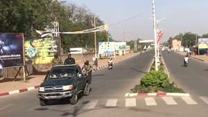 epa09148113 Military personnel drive along a road in N'Djamena, Chad, 20 April 2021. Chad's President Idriss Deby died of injuries suffered in clashes with rebels in the country's north, an army spokesperson announced on state television on 20 April 2021. Deby has been in power since 1990 and was re-elected for a sixth term in the 11 April 2021 elections.  EPA/STR BEST QUALITY AVAILABLE
