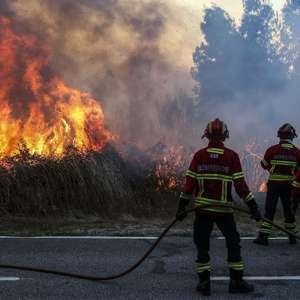 Bombeiros durante o combate ao incêndio florestal que desde a madrugada consome floresta em Carvalhal de Vermilhas, Vouzela, 2 de julho de 2026. O Governo decretou situação de alerta, que vai vigorar das 00:00 de sexta-feira às 23:59 de segunda-feira, devido ao "significativo agravamento do risco de incêndios rurais". PAULO NOVAIS/LUSA