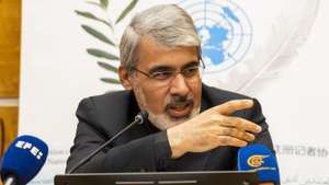 epa12791918 Ali Bahreini, Ambassador and Permanent Representative of the mission of the Islamic Republic of Iran to the United Nations in Geneva, briefs the media following the US and Israeli military strikes on Iran during a press conference organized by the Geneva Association of United Nations Correspondents (ACANU) at the European headquarters of the United Nations in Geneva, Switzerland, 03 March 2026.  EPA/SALVATORE DI NOLFI