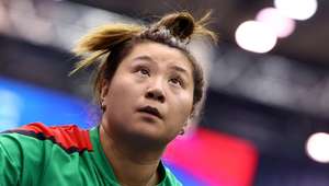 epa11668263 Jieni Shao of Portugal in action during the Women’s Single Round of 16 match against Yuan Wan of Germany at the Table Tennis European Championships in Linz, Austria, 19 October 2024.  EPA/ANNA SZILAGYI