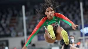 epa09056340 Patricia Mamona of Portugal competes in the women's Triple Jump qualification of the 36th European Athletics Indoor Championships at the Arena Torun, in Torun, north-central Poland, 06 March 2021.  EPA/LESZEK SZYMANSKI POLAND OUT