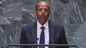 epa11621268 Djiboutian Minister for Foreign Affairs Mahamoud Ali Youssouf speaks during the 'Summit of the Future' being held in advance of this week’s General Debate of the 79th session of the United Nations General Assembly at United Nations Headquarters in New York, New York, USA, 23 September 2024.  EPA/SARAH YENESEL
