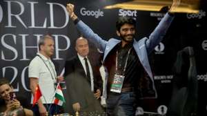 epa11772218 Chess grandmaster Gukesh Dommaraju of India celebrates after winning Game 14 against Ding Liren (not pictured) of China at the FIDE World Chess Championship in Singapore, 12 December 2024. Gukesh Dommaraju became the youngest ever Chess World Champion by beating Ding Liren in the best-of-14-games championships.  EPA/HOW HWEE YOUNG