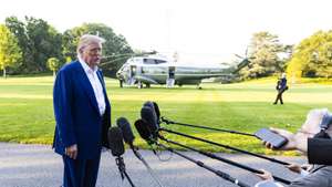 epa12194389 US President Donald Trump speaks to the media as he departs the White House for the NATO leaders summit, in Washington, DC, USA, 24 June 2025. The president answered questions about accusations of ceasefire violations in the Iran-Israel conflict.  EPA/JIM LO SCALZO