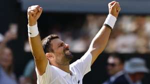 epa13083515 Novak Djokovic of Serbia celebrates after winning his Men's Singles third round match against Arthur Rinderknech of France at the Wimbledon Championships in London, Britain, 03 July 2026.  EPA/TOLGA AKMEN