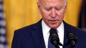 epa09431373 US President Joe Biden delivers remarks on the terror attack at Hamid Karzai International Airport in Kabul Afghanistan, and the US service members and Afghan victims killed and wounded, from the East Room of the White House in Washington, DC, USA, 26 August 2021.  EPA/Stefani Reynolds / POOL