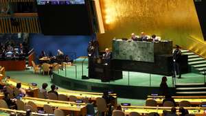 O Presidente da República, Marcelo Rebelo de Sousa, discursa durante a sessão de abertura da Assembleia Geral das Nações Unidas na sede da ONU, Nova Iorque, 19 de setembro de 2023. NUNO VEIGA/LUSA