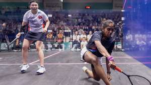 epa10901484 Sivasangari Subramaniam (blue) of Malaysia reacts after winning the women’s singles final squash match against Sin Yuk Chan (white) of Hong Kong, at the 19th Asian Games Hangzhou 2022, Hangzhou, China, 05 October 2023.  EPA/ALEX PLAVEVSKI