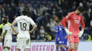 epa12790877 Real Madrid's Alvaro Carreras and goalkeeper Thibaut Courtois (R) look disappointed after losing the Spanish LaLiga soccer match between Real Madrid and Getafe CF, in Madrid, Spain, 02 March 2026.  EPA/Juanjo Martin