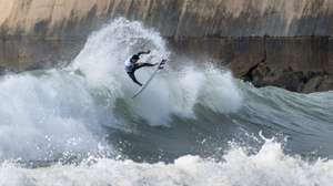 Portuguese surfer Joaquim Chaves, during the World Surfing Championship stage, which takes place at Praia dos Super Tubos in Peniche, March 6, 2024. CARLOS BARROSO/LUSA