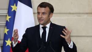 epa08868141 French President Emmanuel Macron speaks during a joint press conference with Egyptian President Abdel Fattah Al-Sisi (not pictured) at the Elysee Palace in Paris, France, 07 December 2020. Al-Sisi met Macron for talks on fighting terrorism, the conflict in Libya and other regional issues as part of a state visit to France, amid criticism from human rights groups over the Egyptian leader's crackdown on dissent.  EPA/MICHEL EULER / POOL MAXPPP OUT