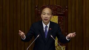 epa11957547 Taiwan Parliament President Han Kuo-yu, speaks as Taiwanese lawmakers attend a budget hearing session inside the Legislative Yuan, in Taipei, Taiwan, 12 March 2025. Taiwanese lawmakers are preparing to hold another vote to determine if they will support the central government's 2025 budget plan and the measures that increase funding allocations to local governments, both of which were recently approved by the Legislature.  EPA/RITCHIE B. TONGO