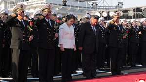 epa12055578 A photo released by the official North Korean Central News Agency (KCNA) on 26 April 2025 shows North Korean Leader Kim Jong Un and daughter Kim Ju Ae attending the launching ceremony of a newly-built destroyer at Nampho Dockyard, North Korea, 25 April 2025, on the founding anniversary of the first armed forces of the Korean People's Army (KPA).  EPA/KCNA  EDITORIAL USE ONLY