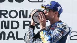 epa12483266 Spanish MotoGP rider Alex Marquez of BK8 Gresini Racing MotoGP celebrates after winning the Malaysia Motorcycling Grand Prix in in Sepang, Malaysia, 26 October 2025.  EPA/FAZRY ISMAIL