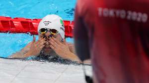 A nadadora Portuguesa, Susana Veiga no final da prova feminina de natação de 50 metros livres S10 esta manhã no Centro Aquatico de Tóquio, nos jogos Paralímpicos de Toquio 2020, Japão, 25 de agosto de 2021. MIGUEL A. LOPES/LUSA