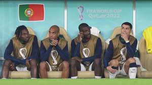 epaselect epa10359226 Cristiano Ronaldo (R) of Portugal reacts on the bench during the FIFA World Cup 2022 quarter final soccer match between Morocco and Portugal at Al Thumama Stadium in Doha, Qatar, 10 December 2022.  EPA/Abir Sultan