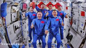epa12053240 An image captured at the Beijing Aerospace Control Center shows a group photo of the crew of Shenzhou-19 and Shenzhou-20 manned spaceships on the Tiangong Space Station, 25 April 2025. The three astronauts aboard Shenzhou-20 entered the Chinese space station early 25 April and were welcomed by the Shenzhou-19 crew, marking the sixth in-orbit crew handover in China's spaceflight history, according to the China Manned Space Agency (CMSA). The Shenzhou-19 crew is expected to return to the Dongfeng landing site in Inner Mongolia on 29 April.  EPA/XINHUA / Jin Liwang CHINA OUT / UK AND IRELAND OUT  /       MANDATORY CREDIT EDITORIAL USE ONLY