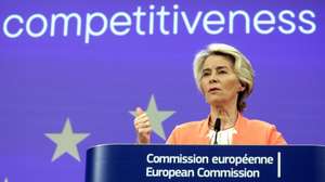 epa11594298 European Commission President Ursula Von der Leyen speaks during a joint press conference with former Italian prime minister Mario Draghi (not pictured) to present his final report on the future of EU competitiveness in Brussels, Belgium, 09 September 2024. Von der Leyen had announced the commissioning of this report to the former Italian prime minister Draghi in her speech on the 2023 State of the Union, when she made the future of Europe&#039;s competitiveness a priority, and committed to further reduce administrative burden and strengthen the Single Market.  EPA/OLIVIER HOSLET