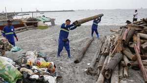 epa11725302 City maintenance workers carry a log washed to shore as they clear debris along Manila Bay in anticipation of Typhoon Man-Yi in Manila, Philippines, 17 November 2024. The Philippines' weather bureau said that typhoon Man-Yi made landfall in Aurora province of the country's Luzon region, dumping rain and sustaining winds of 185 kilometers per hour. Local government units in the typhoon's path from Bicol region to Luzon region conducted pre-emptive evacuation of citizens to safeguard against floods and strong winds.  EPA/ROLEX DELA PENA