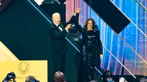 epa11605123 US President Joe Biden (L) and US Vice President Kamala Harris (R) raise their hands together on stage at the 2024 Phoenix Awards Dinner in Washington, DC, USA, 14 September 2024. The dinner, organized by the Congressional Black Caucus (CBC) and the Congressional Black Caucus Foundation (CBCF), celebrates their efforts to uphold democratic values and advance progress for Black Americans.  EPA/ALLISON ROBBERT