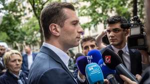 epa11466722 President of the National Rally (Rassemblement National, RN), Jordan Bardella speaks to media as he arrives at the far-right party headquarter, one day after their defeat in the second round of the parliamentary elections, in Paris, France, 08 July 2024. France voted in the second round of the legislative elections on 07 July. According to the first official results, the left-wing New Popular Front (Nouveau Front populaire, NFP) was ahead of President Macron's party and Le Pen's far-right National Rally (RN).  EPA/CHRISTOPHE PETIT TESSON