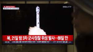 epa10988726 A tv monitor displays daily news at a station in Seoul, South Korea, 22 November 2023. According to South Korea's Joint Chiefs of Staff (JCS), North Korea launched a new-type carrier rocket 'Chollima-1' with the reconnaissance satellite 'Malligyong-1' from Sohae Satellite Launching Ground in Cholsan County, on 21 November 2023. According to KCNA, North Korea's National Aerospace Technology Administration (NATA) successfully launched 'Chollima-1' and 'accurately put the reconnaissance satellite 'Malligyong-1' on its orbit at 22:54:13, 705s after the launch'.  EPA/JEON HEON-KYUN